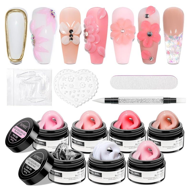 SUPWEE Solid Builder Gel for Nail Extension Non Stick Hand Scupture Hard Gel with Dual Form Nail Brush Tool for Home DIY Manicure 7 Colors 14g(0.49 oz) - Image 1